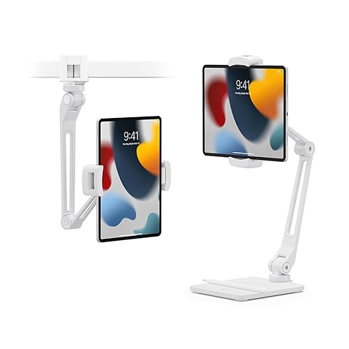 Twelve South HoverBar Duo iPad Stand (2nd Gen) - Adjustable Tablet Stand for Desk with Weighted Base & Clamp Attachment for Mounting, Tablet Holder, Foldable Tablet Desk Stand, Fits All iPads, White - HoverBar with Snap (White)