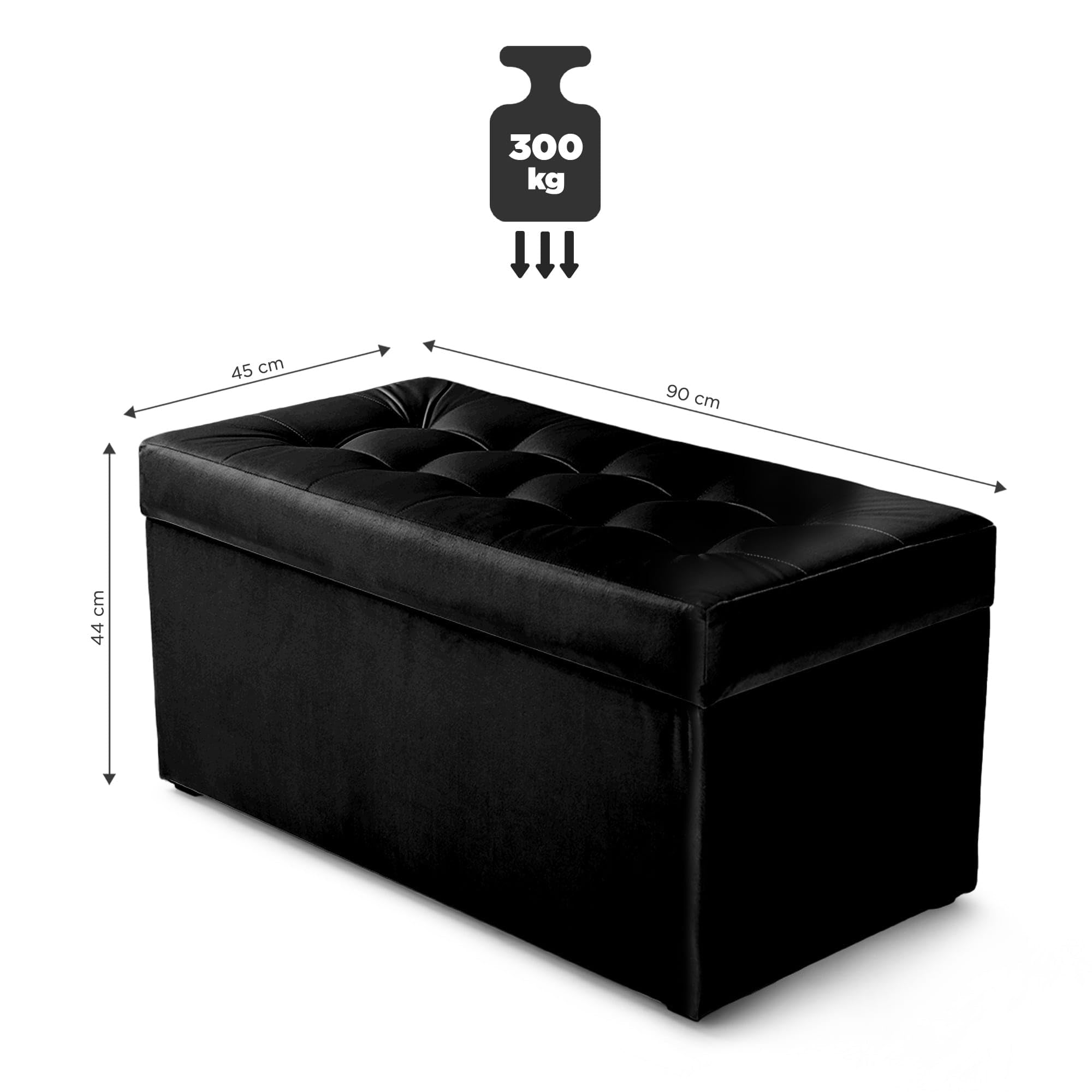 MG Design Pouf Coffre 45 × 90 cm Noir – Rangement 100 L, Charge 300 kg, Surface Douce, Entretien Facile – pour Salon, Chambre, entrée