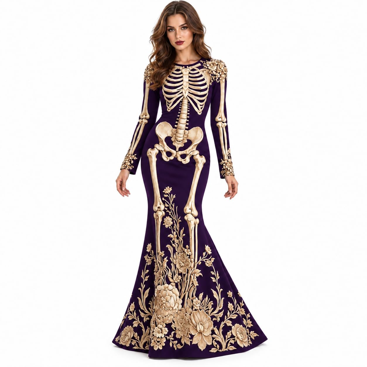 Women's Skeleton Print Mermaid Maxi Dress Long Sleeve Halloween Dresses for Women 3D Digital Print Floral Gothic Fancy Dress Costume — image 1