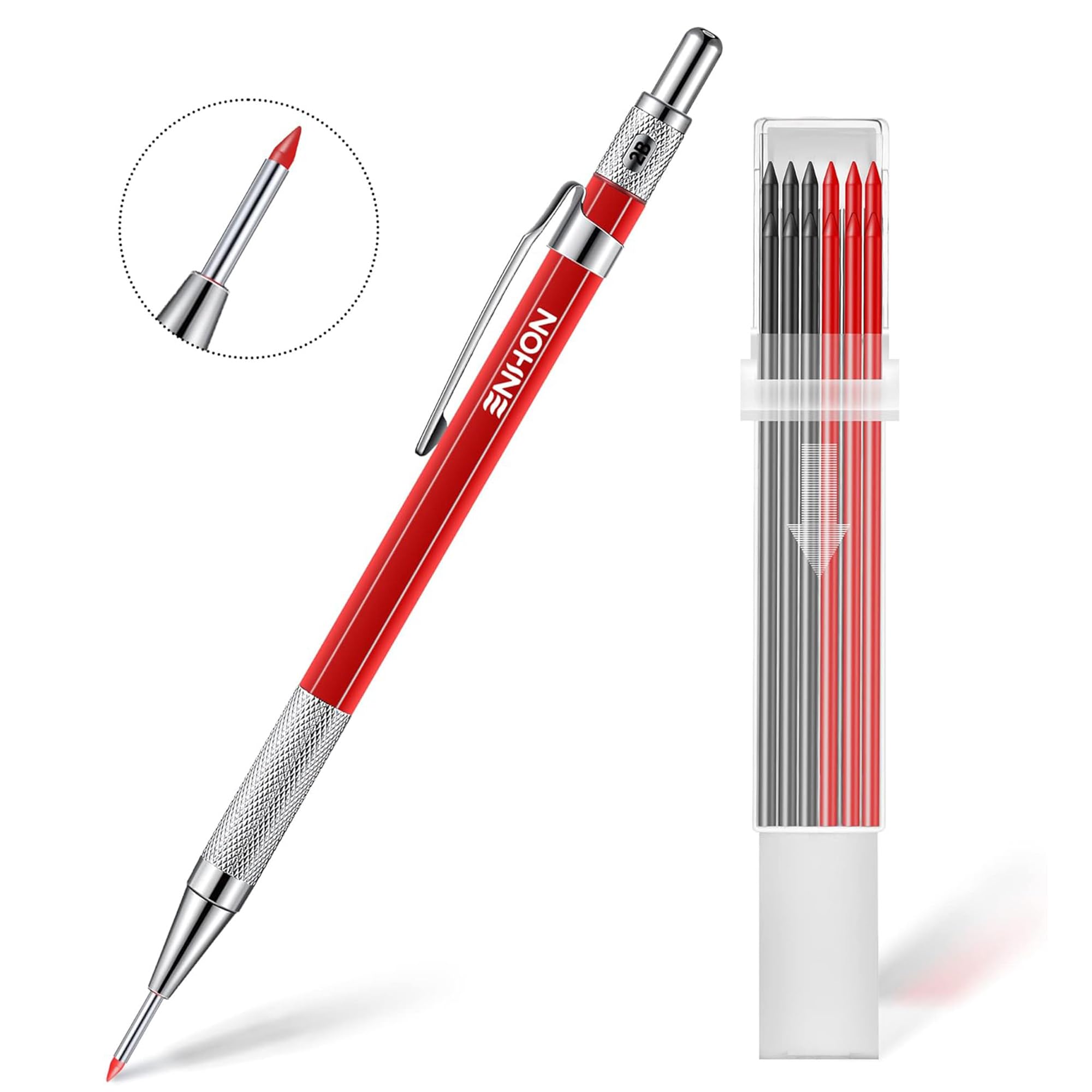 Enhon 2mm Carpenter Pencil Set with 12 Refills and Sharpener, Red — Amazon image 7
