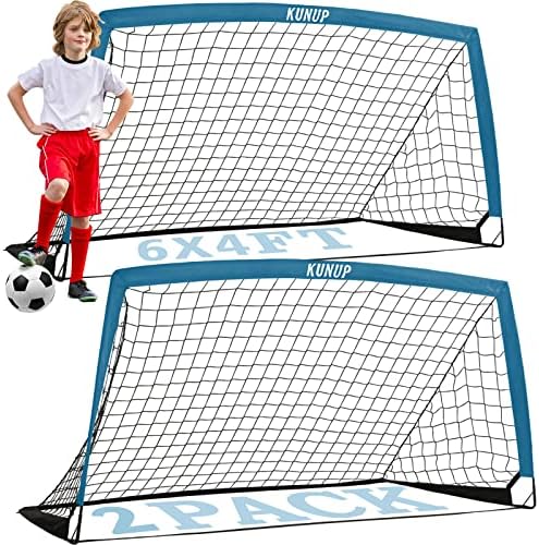 Kunup Kids Soccer Goals for Backyard Set of 2 Portable Soccer Nets for Backyard Folding Soccer Goals Practice Nets with Carrying Bag for Outdoor Indoor (6x4FT, Blue)