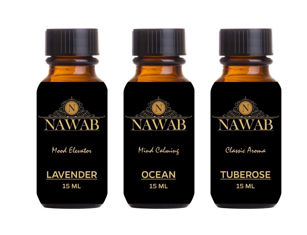NAWAB aroma oil/Diffuser oil/scented oil/fragrance oil (Lavender, Ocean, Tuberose - 15ml each)