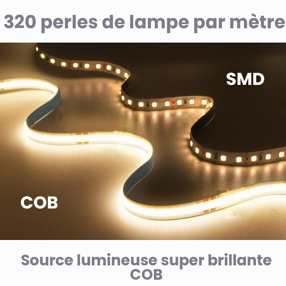 Arote Ruban LED COB 10m Blanc Chaud 3000K 24V, Bande LED Avec un gradateur et une alimentation électrique Flexible Haute Densité 320LEDs/m Dimmable IP20 pour TV Rétro-éclairage Chambre Cuisine
