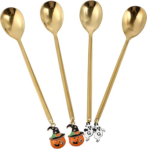 Miniatura 3 de Angoily Cucharas de frutas, 4 cucharaditas de Halloween, cuchara de café, cucharas decorativas de calabaza fantasma, cucharas mezcladoras, cucharas