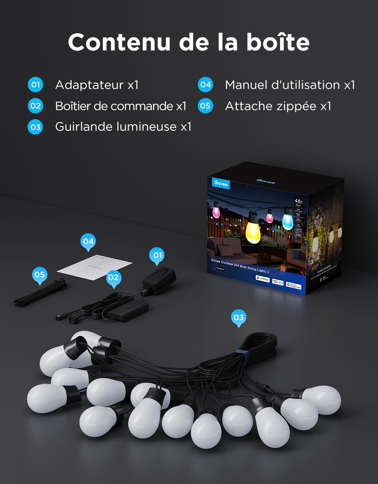 Govee Guirlande Extérieure 15M, RGBICW 65lm par LED, Contrôle APP, IP66 | 16M Couleurs DIY, 111+ Modes de Scène, Synchro Musique, Matter/Alexa/Google, 25000h, Install. Facile, Jardin/Balcon/Terrasse