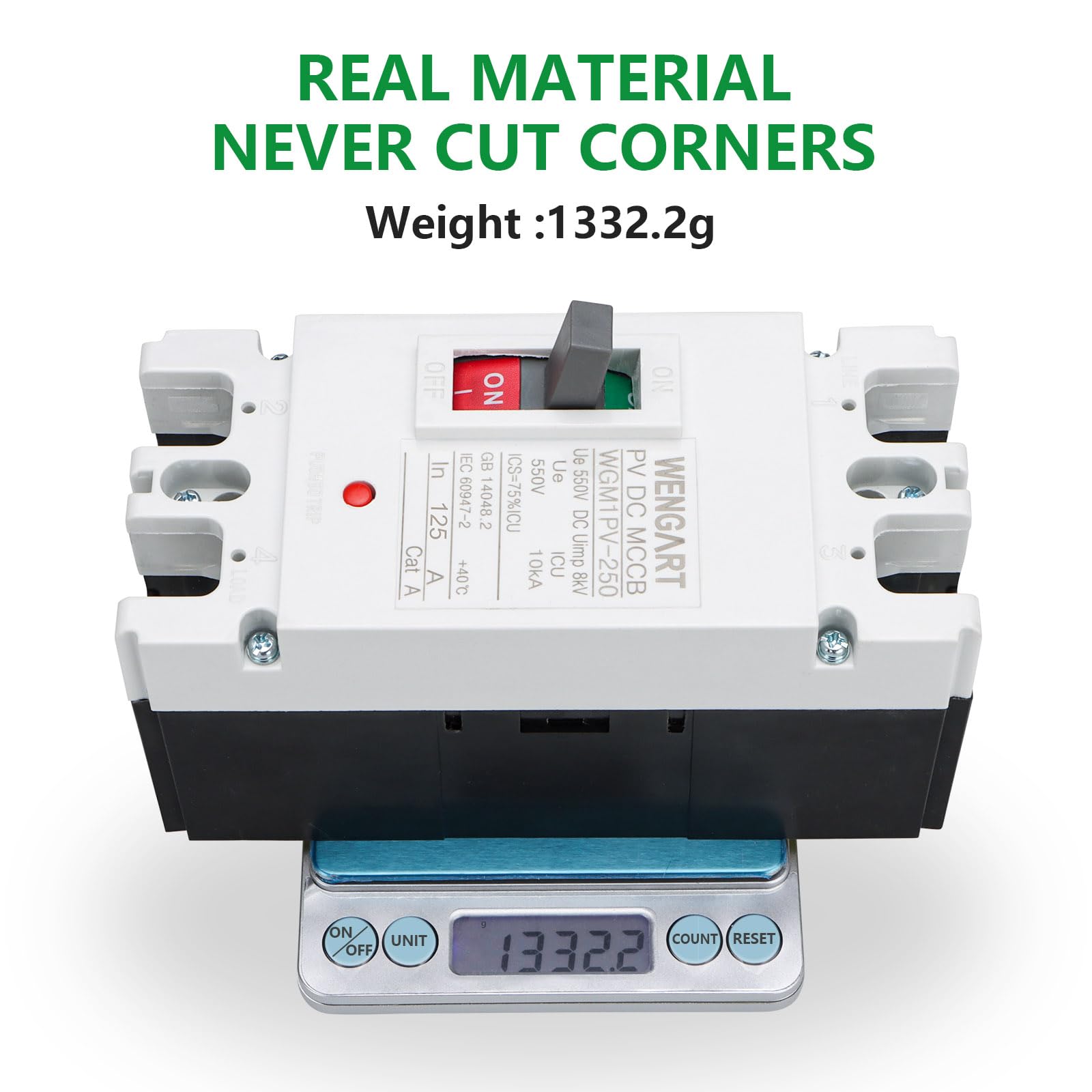 Wengart DC-Leistungsschalter 125A 550V 2P – WGM1PV-250 MCCB für Photovoltaik & Batteriespeicher – DC-Hauptschalter mit 25kA Trennvermögen – Sicherer Lasttrennschalter für Solarsysteme