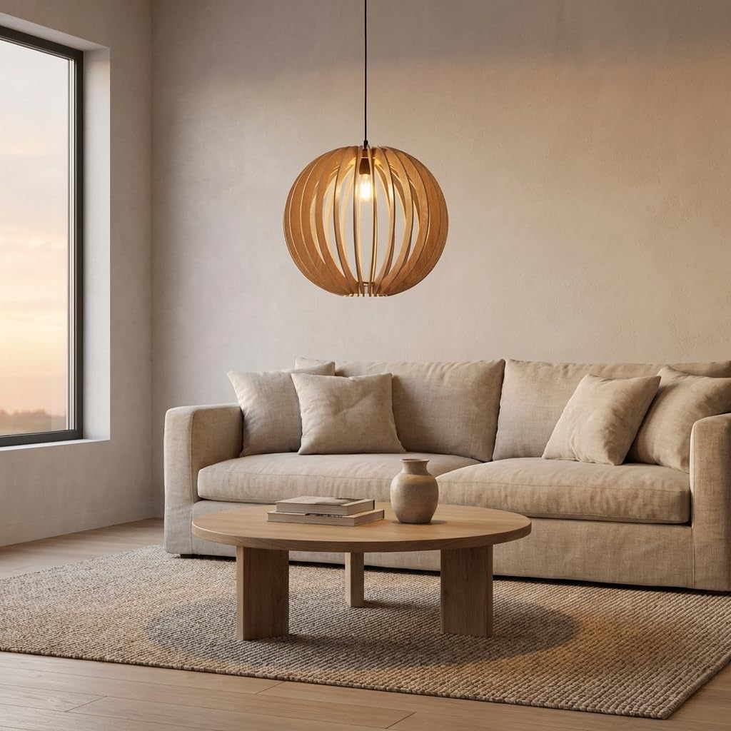 BARCELONA LED Lampa Wisząca BURMA Ø45 cm z Drewna MDF | Kulisty Klosz w Naturalnym Wykończeniu | Oprawka E27 Max. 40W | Regulowana Wysokość | Lampa Sufitowa do Salonu, Jadalni i Sypialni