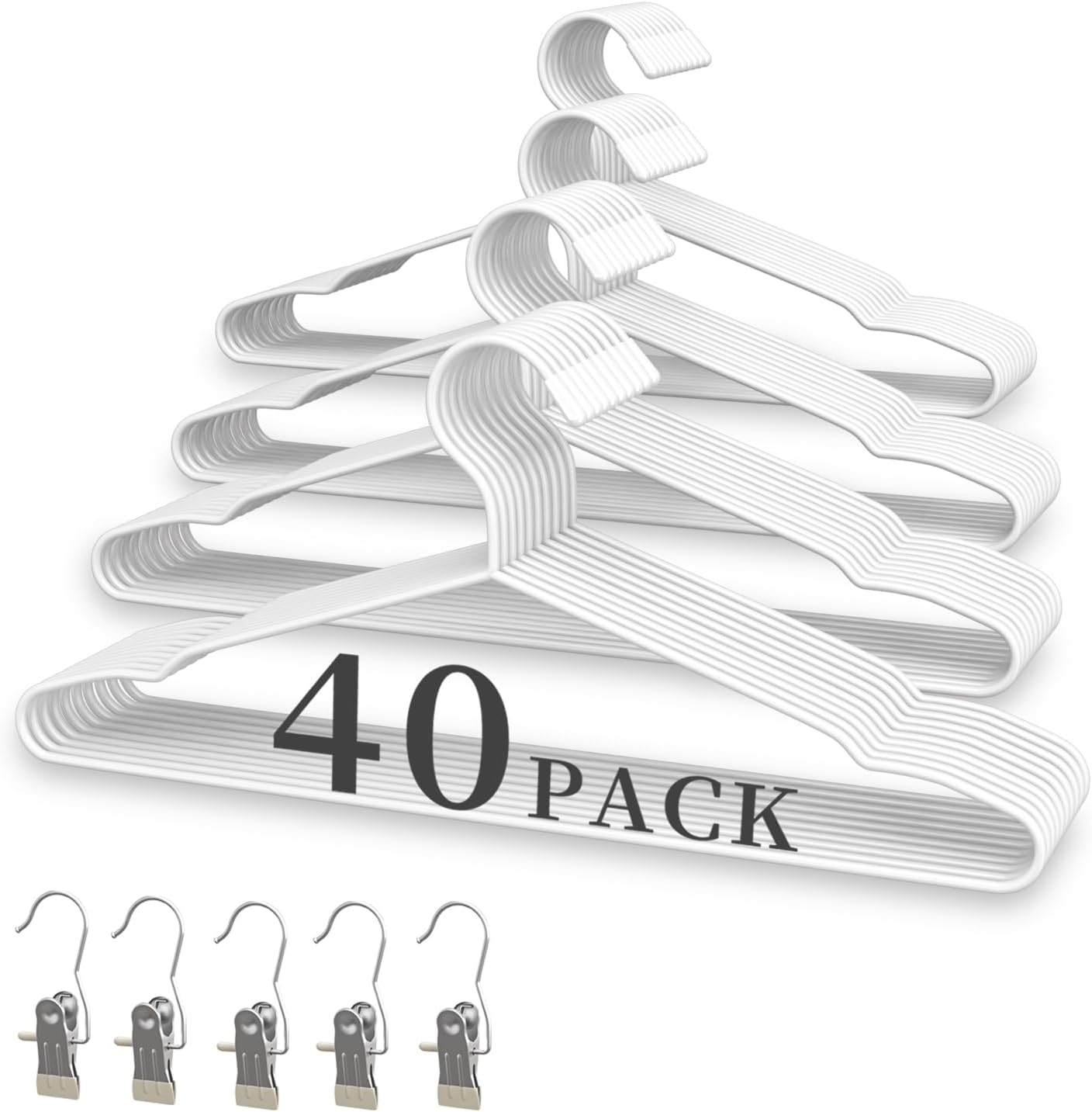 Juego de 40 perchas + 5 clips, perchas de metal blanco mate resistentes de 16.69 pulgadas, soporta 50 libras de peso, acabado con recubrimiento en