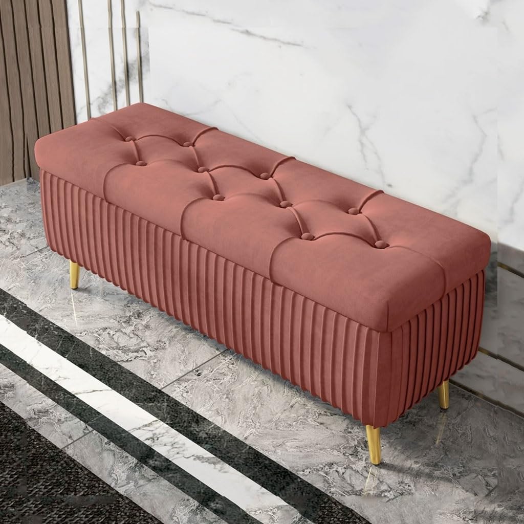 LEIYTFE Velvet Storage Ottoman Foot Rest Stool with Padded Seat, Modern Upholstered Window Bench End of Bed Storage Benches with Gold Legs,Home Long Bench(Bean paste,80cm)