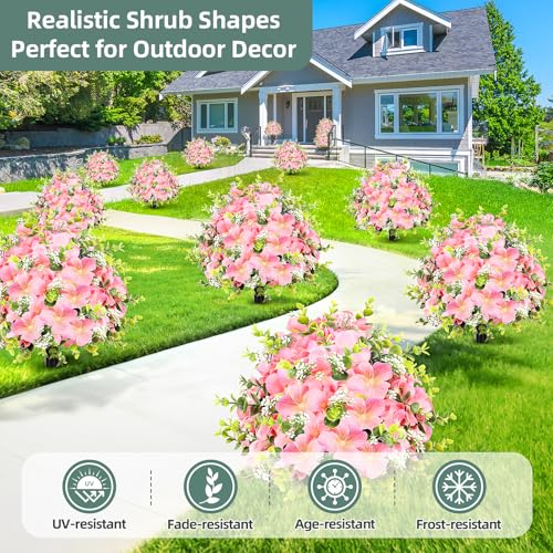2 Pack Artificial Flowers Topiary Ball Tree, 21.7" Fake Plants with Ground Spike, UV-Resistant Faux Boxwood Shrub, Realistic Evergreen Bushes for Indoor/Outdoor Front Porch & Garden Decor (Pink) — view 3
