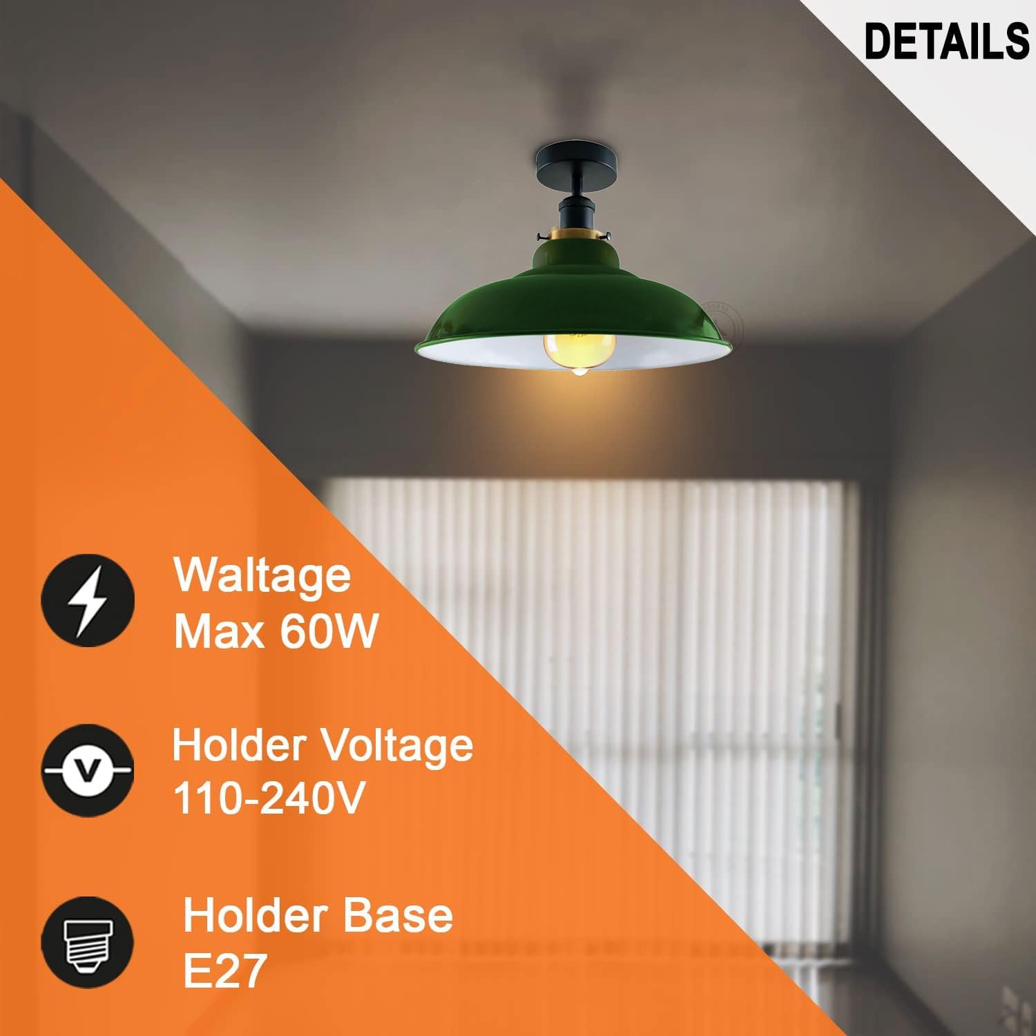 DC VOLTAGE Vintage Flush Mount Ceiling Lighting E27 Holder With 32cm Red Ceiling Lampshade Easy Fit Metal Semi Flush Light Fitting For Kitchen Bedroom