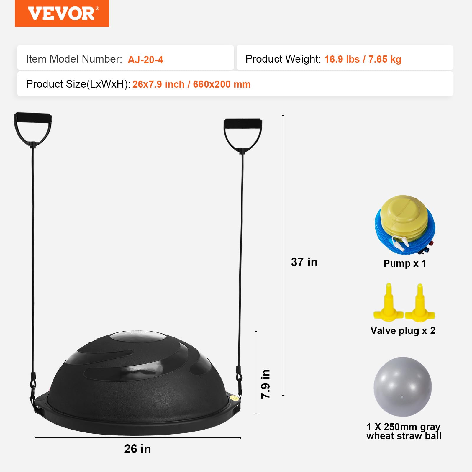 VEVOR Trener piłki do połowy ćwiczeń, 66 cm, piłka balansowa, nośność 680 kg, piłka do jogi z taśmami oporowymi i pompką nożną, piłka fitness do domu, na siłownię, trening całego ciała, kolor czarny