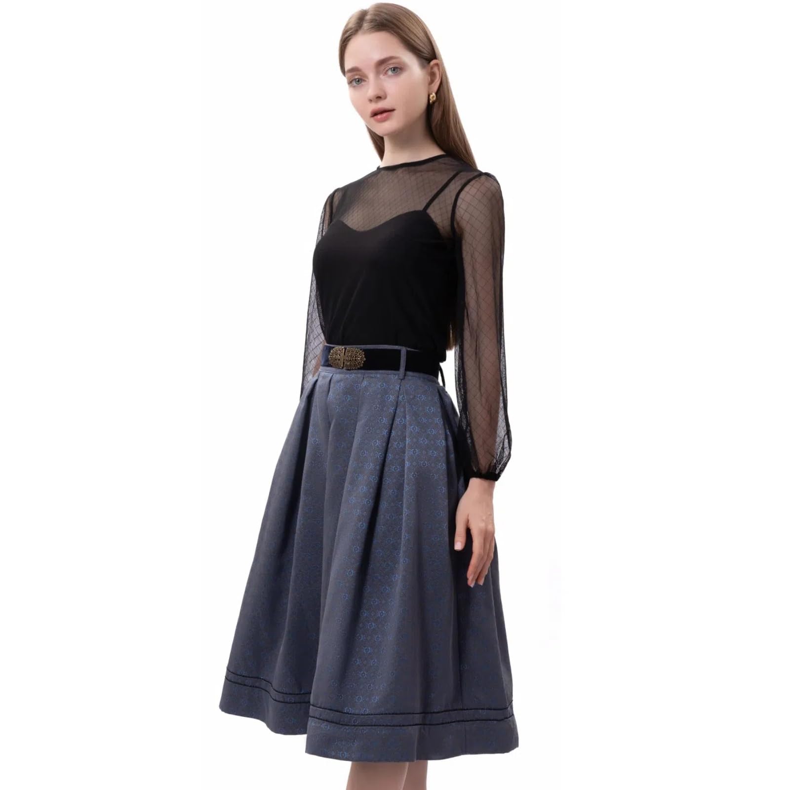 Trachtenröcke Damen Knielang Trachtenrock Damen Trachtenmode | Trachtenrock Blau/Grün Modern Röcke für Oktoberfest Größe 36-44(Ohne Dirndlbluse)