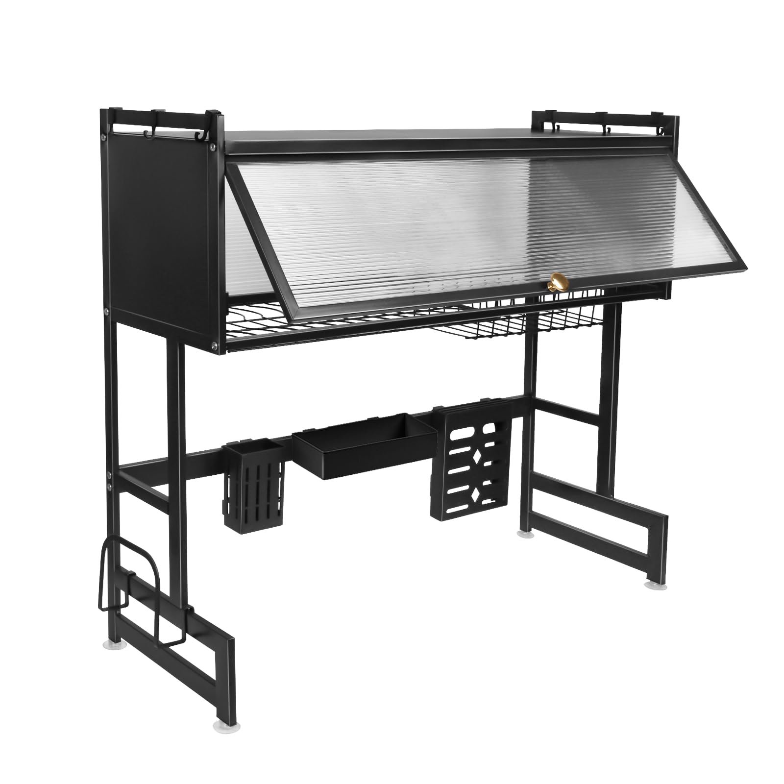 Escurridor de platos de cocina, negro/blanco, escurridor de platos sobre fregadero, multifuncional, acero al carbono (Negro)