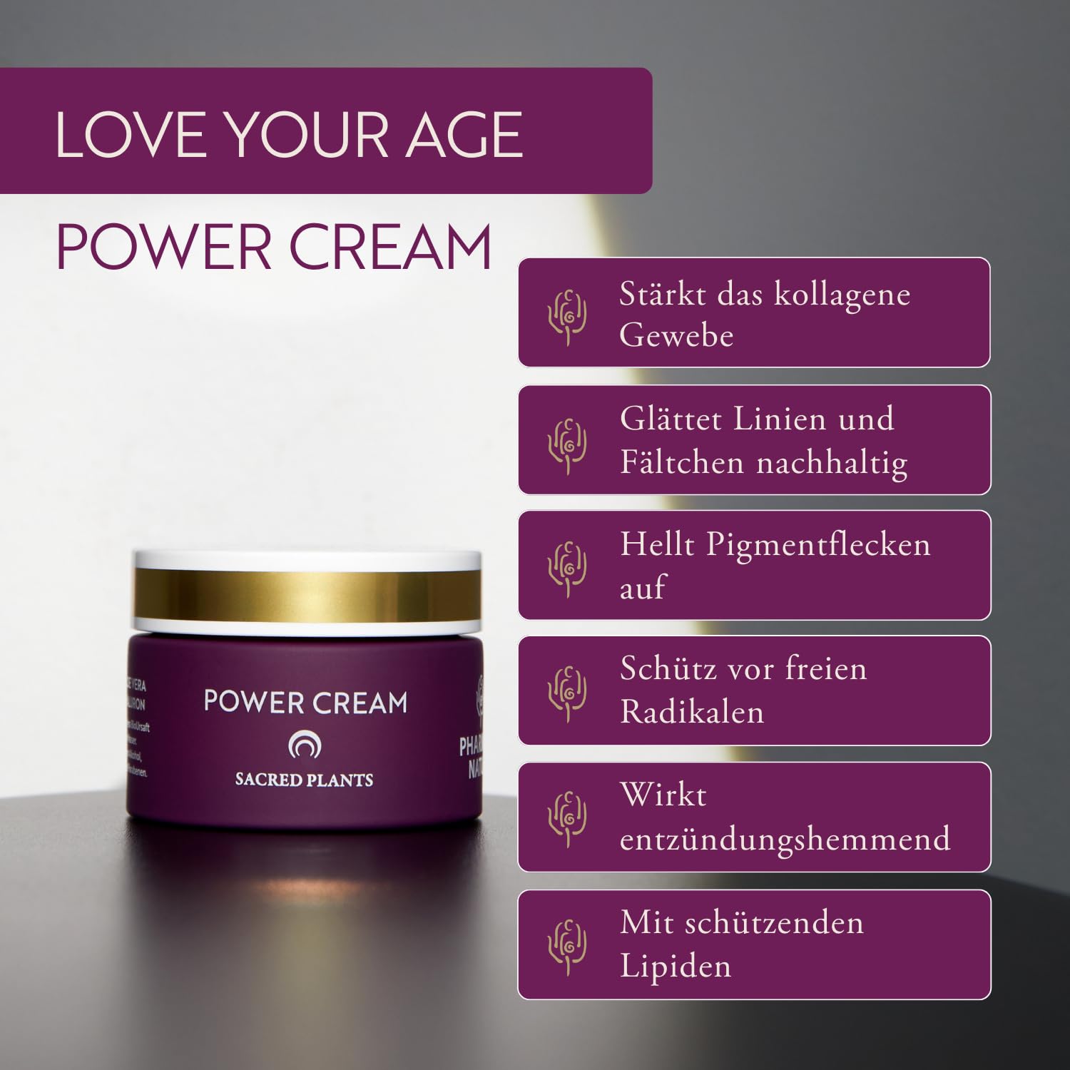 Pharmos Natur Love Your Age Power Cream 50ml - Anti-Aging Hautpflege mit Kollagen aus Cranberry, Moringa & Avellana, pflanzlichem Hyaluron, Antioxidantien & Bio Aloe Vera für trockene, reife Haut