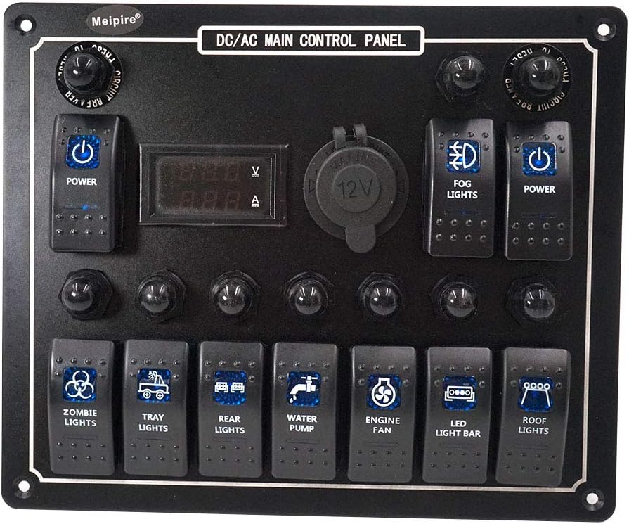 Meipire 10 Gang Rocker Switch Panel With Digital Voltmeter Ammeter LED Indicator Overload Protection USB Car Cigarette Lighter Socket Charger For Car Boat Marine(10 Gang Rocker Switch Panel)