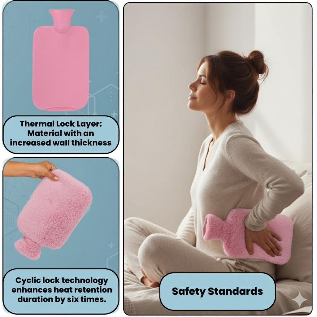 HARIHUB Hot Water Bag with Soft Plush Cover 2-Litre Medical-Grade Leakproof Heating Pad for Cramps, Back Pain & Muscle Relief Hot & Cold Therapy for Menstrual Care, Neck, Shoulders & Full Body Warmth (Pink) 2