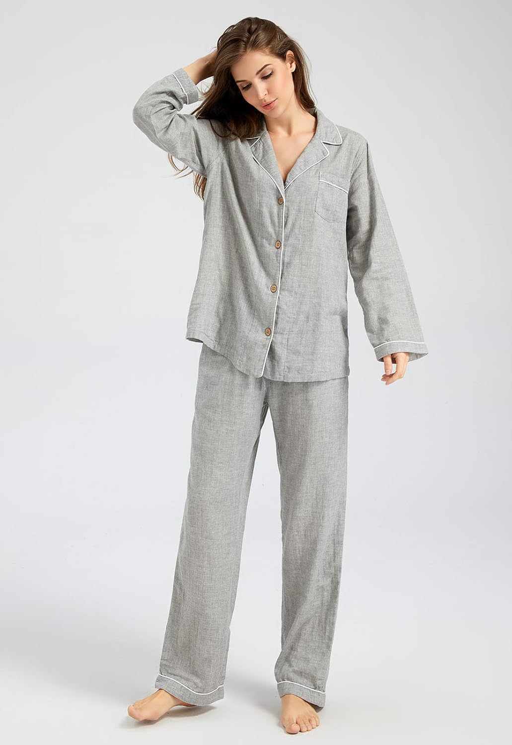 XINJU Womens Muslin Pajama Set 100% Cotton Double Gauze Linen Like Breathable Soft Button Up Loungewear Sleepwear PJ Set - Image 2