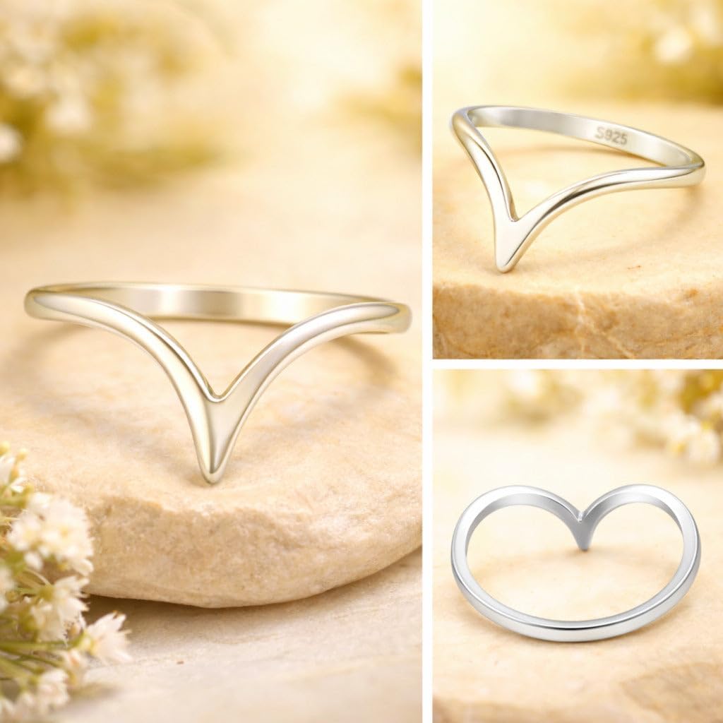 Blue Apple Co. Minimalist V Shape Ring 9.5mm Curved Contour Band 925 Sterling Silver Vintage Style Stackable Midi Ring Fashion Statement Jewelry for Women Gift