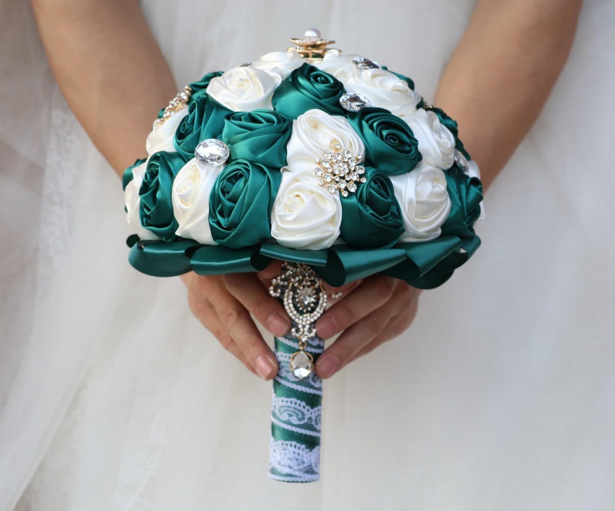 Emerald Green Ivory Bridal Wedding Bouquet with Gold Brooch Bling Rhinestone for Bride Bridesmaid Quinceanera Emerald Green and Ivory Satin Rose Flower Wedding Bouquet 7.5in