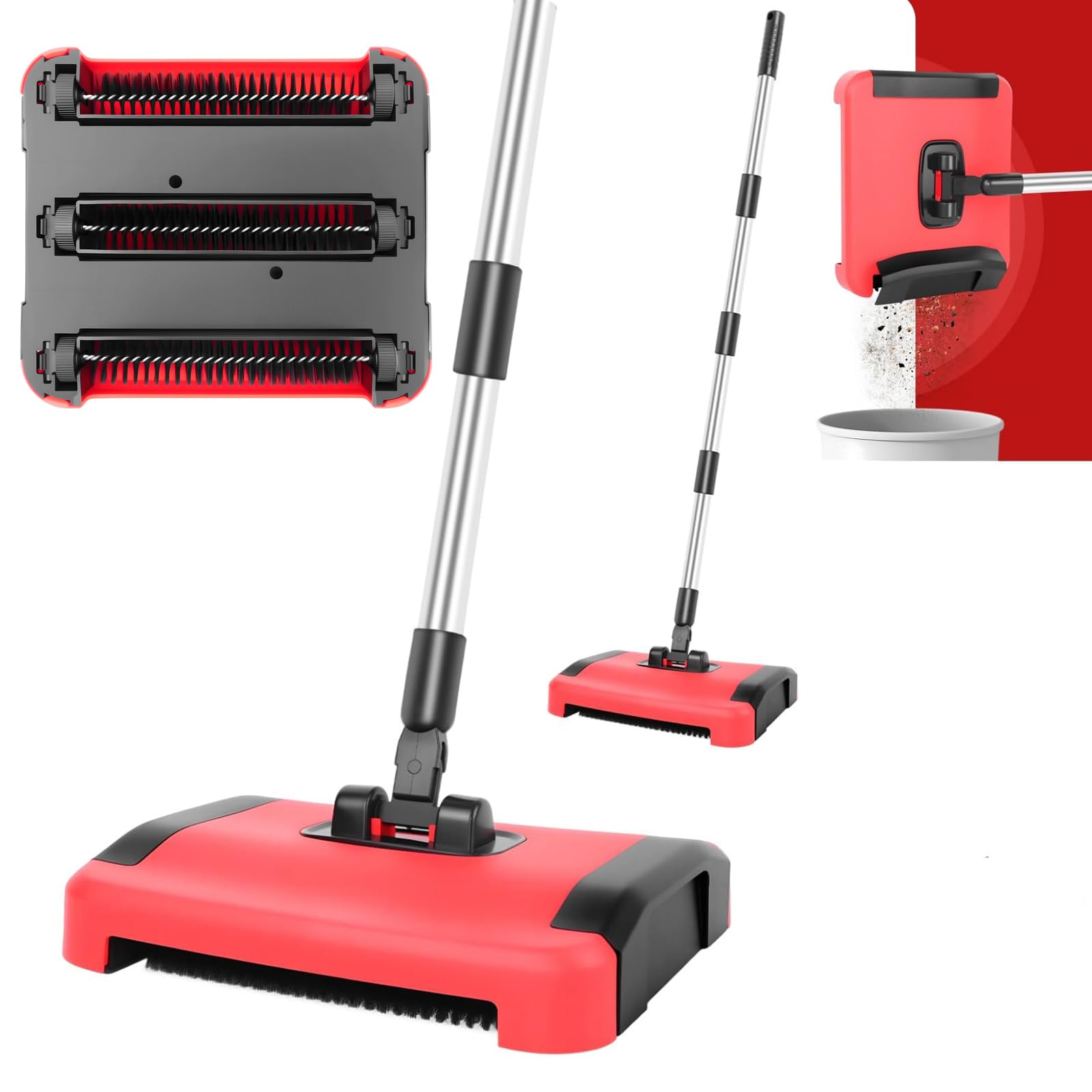 Manual Carpet Sweeper - 3 Layer Soft Brush Rotating Push Sweeper for Hard Floors and Rugs, Easy-Clean Large Debris Bin, Ideal for Pet Hair