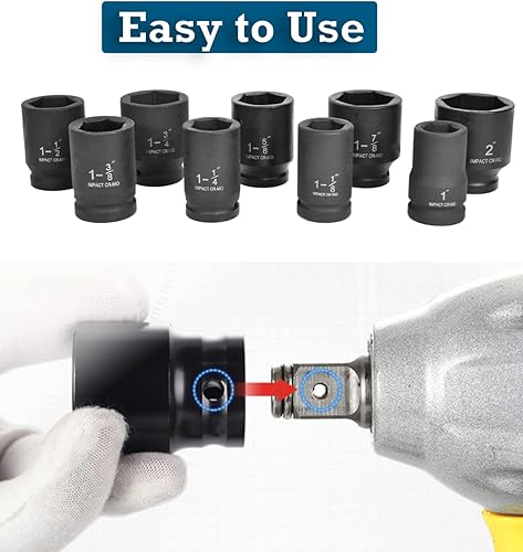 Miniatura 5 de Juego de dados de impacto de 1 pulgada, 9 piezas SAE de impacto, 1 pulgada, 1 pulgada a 2 pulgadas, 6 puntos de impacto con estuche de