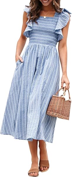 Miessial Womens Summer Smocked Midi Dress Casual Flutter Sleeve Long Boho Flowy A Line Church Modest Dresses with Pockets