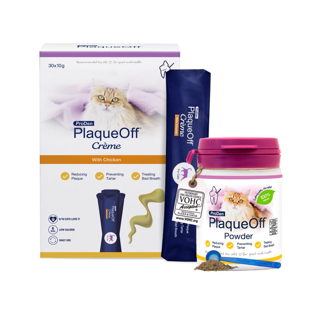ProDen PlaqueOff Cat Dental Care Bundle – 30 x Lickable Creme Treats & 40g Powder | Helps Reduce Plaque, Tartar & Bad Breath | Natural Teeth Cleaning for Cats | Fresh Breath Support