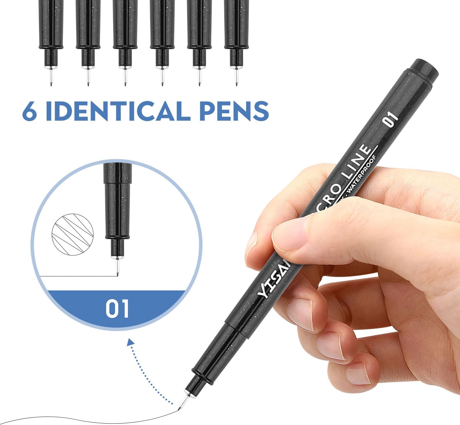 YISAN Fine Point Pen Black Extra Fine Writing Ink Pen 0.25mm Smudge Proof Ultra Thin 01 Art Marker for Drawing, Bible, Manga, 6 Pieces, 70320
