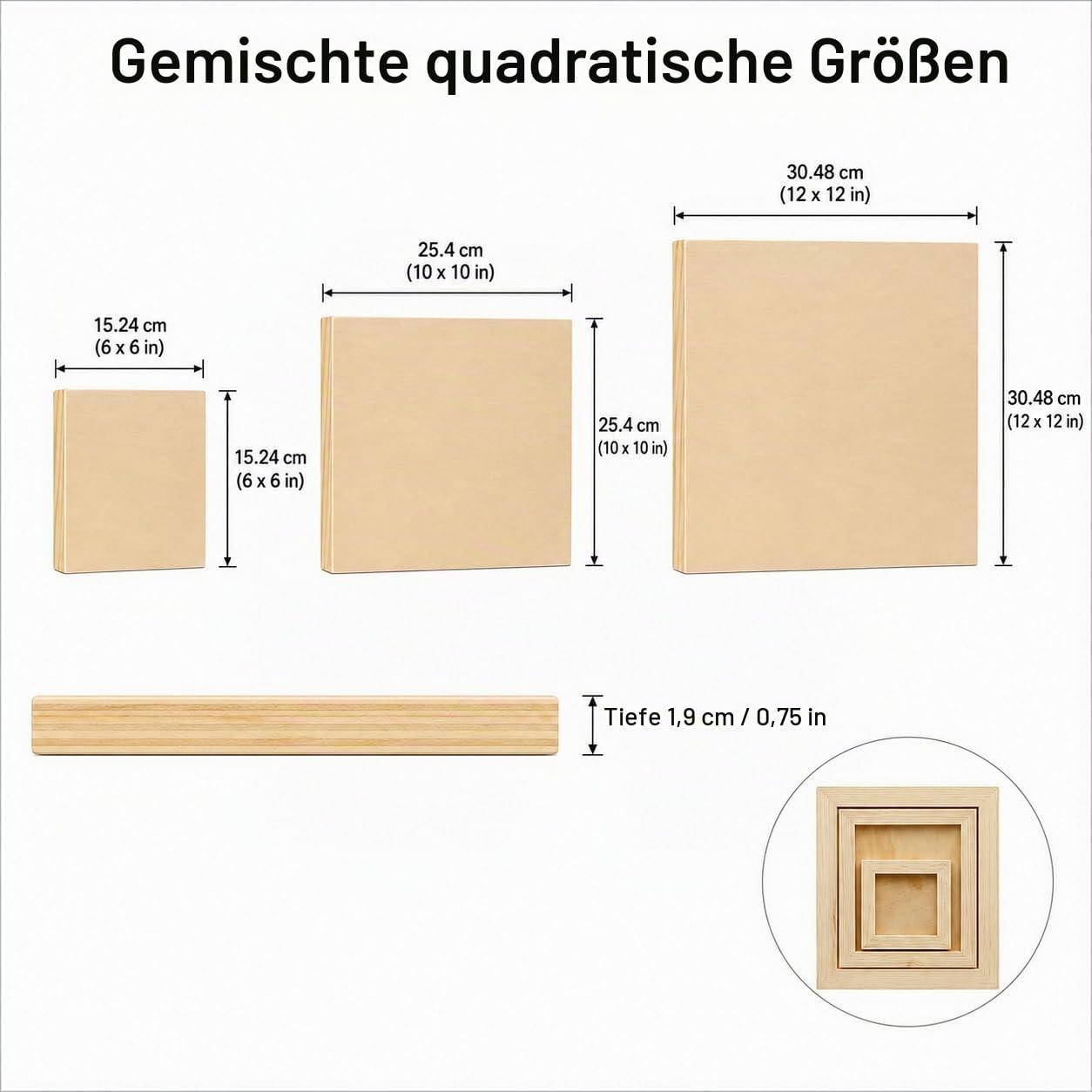 EXERZ Holzmalerei Panels 3er Pack (15,24 x 15,24 cm, 25,4 x 25,4 cm, 30,48 x 30,48cm) - Quadratische Gemischte Panels für Acryl-, Öl- & Mixed-Media-Malerei – Für Künstler, Kinder & DIY