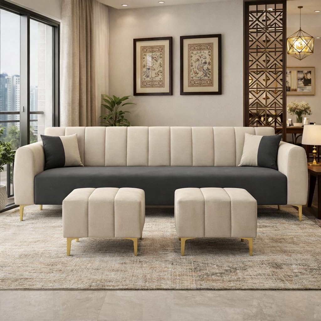 Habibi Dual Tone Rich Velvet Suede 3 Seater Sofa Set with 2 Ottomans | Spacious Soft Touch Comfort Seating | Modern Sofa for Living Room (Dark Gray & Cream)-image-40