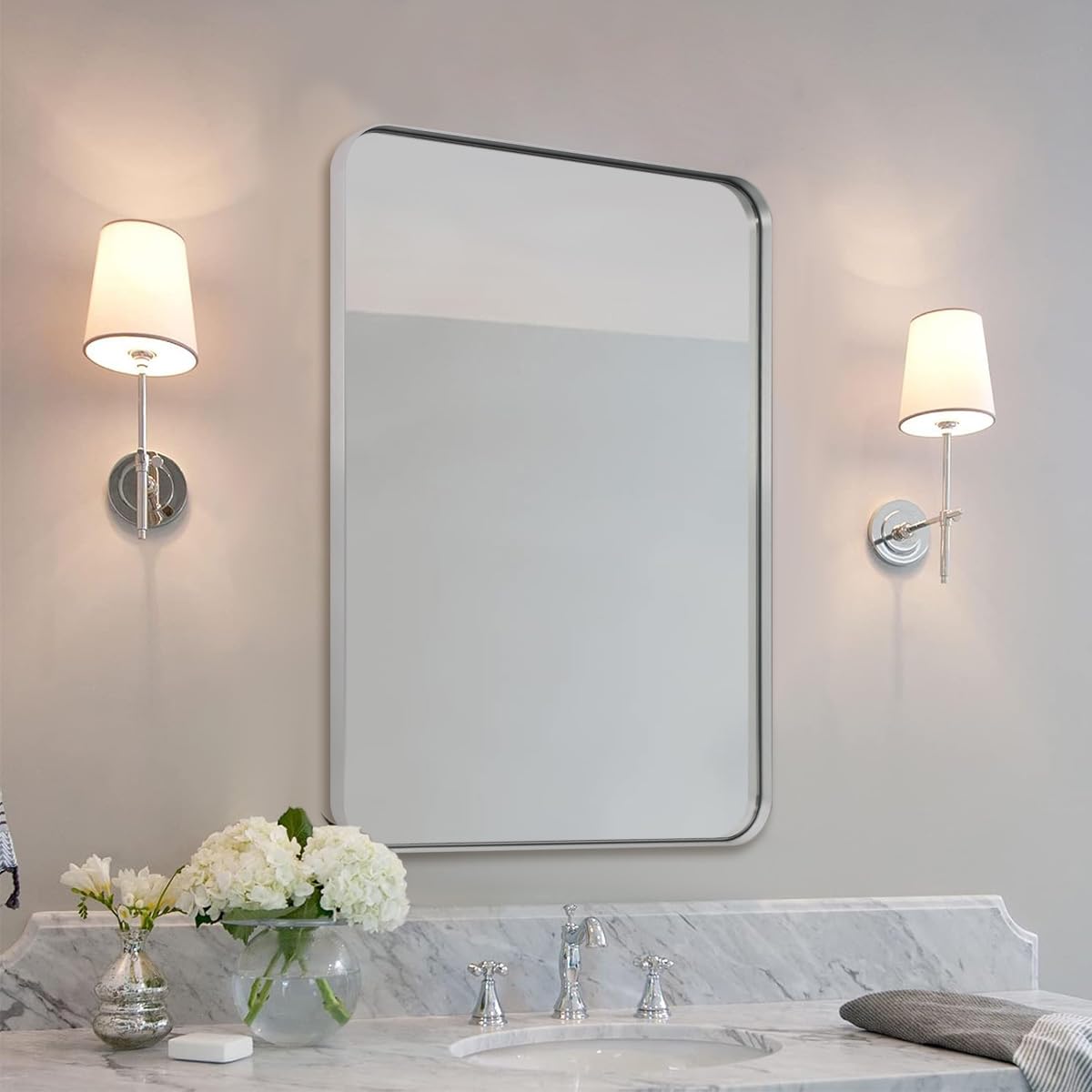 ANDY STAR Brushed Nickel Mirror for Bathroom, Silver Rectangular Vanity Wall Mirror, 24"x32" Modern Non-Rusting Metal Frame SilverBathroom Mirror, Hangs Horizontally or Vertically