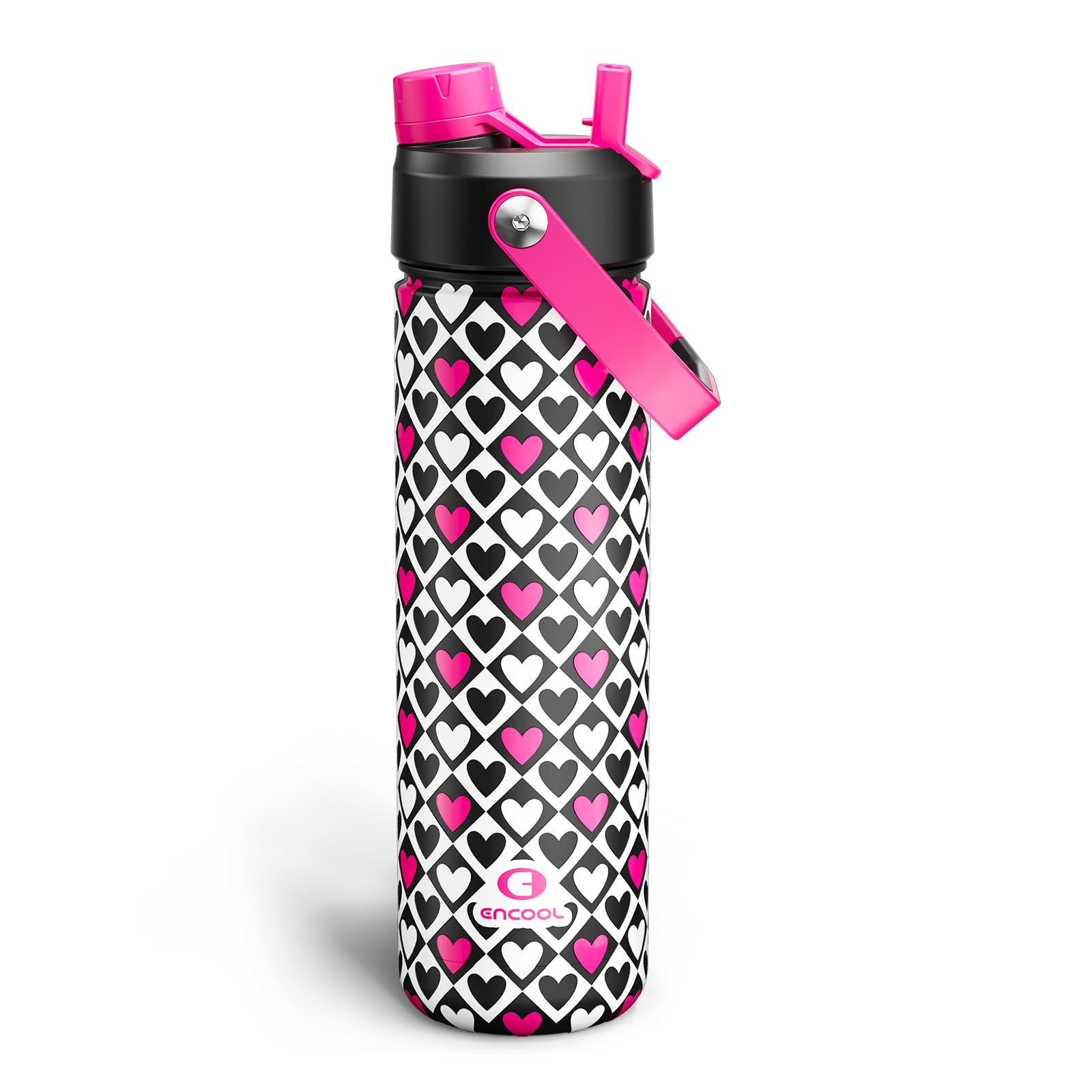 ENCOOL Insulated Water Bottle with Straw Stainless Steel Water Bottle, Leak-Proof, BPA-Free, Keeps Cold for 24 Hours for Sports, Travel, School (26 oz,Bold Hearts Valentine x White)