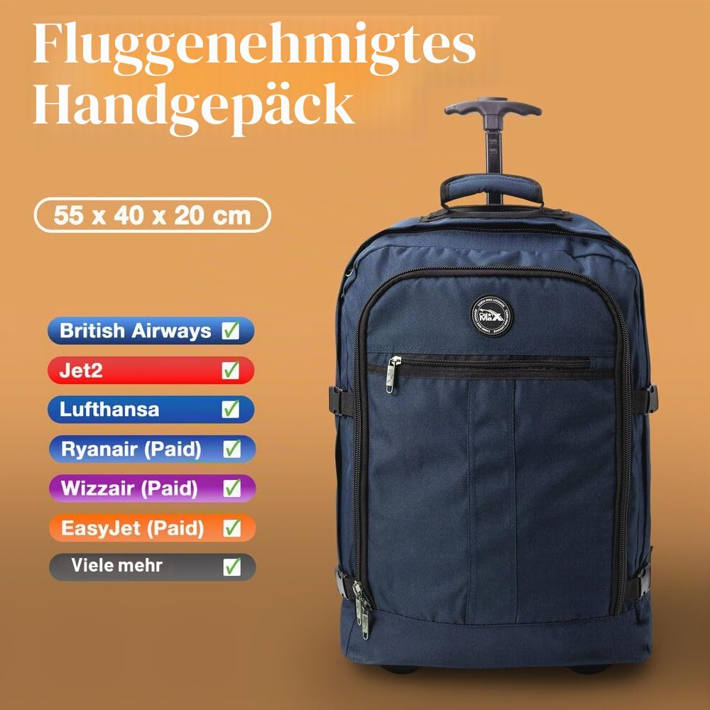 Cabin Max Metz 55x40x20 cm Hybrid Reiserucksack mit Rollen 44L Handgepäck Trolley Rucksack 2-in-1 Kabinengepäck Flugzeug Boardgepäck Koffer Alternative Recyceltes Polyester