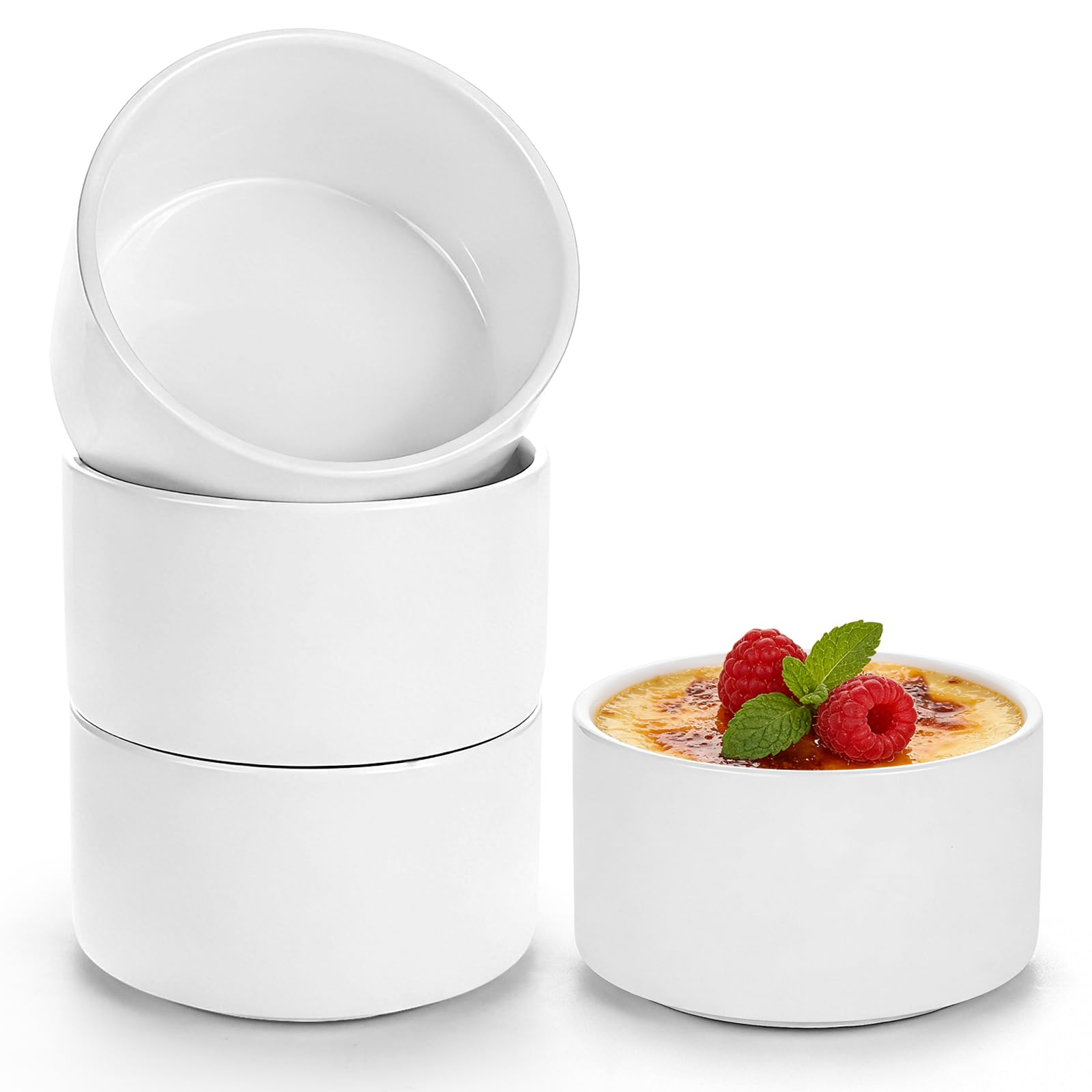 LONTOM 10CM Porcelain Ramekins Set of 4, 300ml White Creme Brulee Ramekins, Souffle Ramekins Small Pie Dishes for Air Fryer for Caramel Pudding, Custard, Soufflé, Baked Oatmeal, Fruit Yogurt