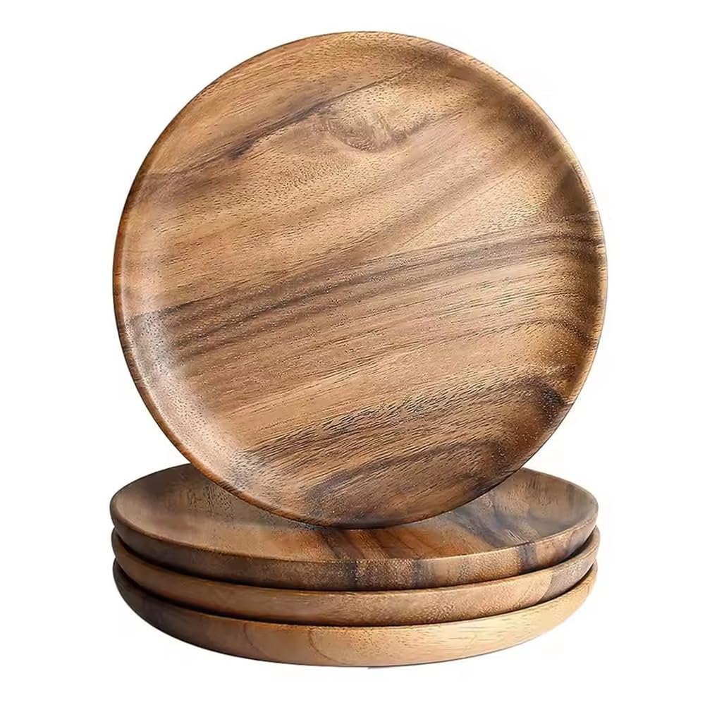 NEWFUN 4 Assiettes Rondes en Bois, Assiettes à Snacks, 25 CM, Plateau en Bois d'acacia, Décoration de Table, Objet Décoratif fait Main,Cadeau de Bienvenue