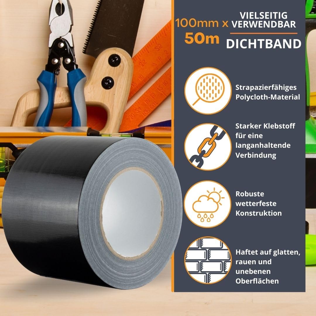 GTSE - Gewebeband Schwarz - 100 mm x 50 m - strapazierfähiges Panzerband - wasserdichtes Klebeband zum Reparieren, Befestigen, Bündeln, Verstärken und Abdichten - 1 Rolle
