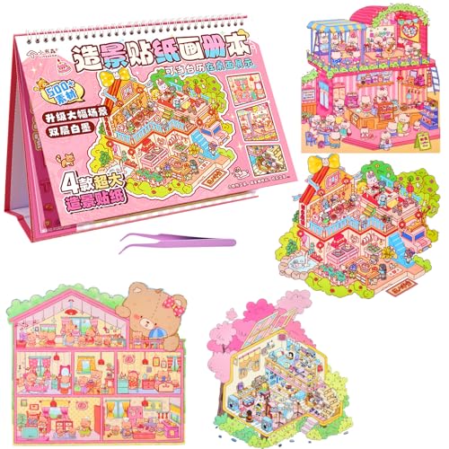 DIY 3D House Scene Sticker Book with Tweezers, 4 Designs