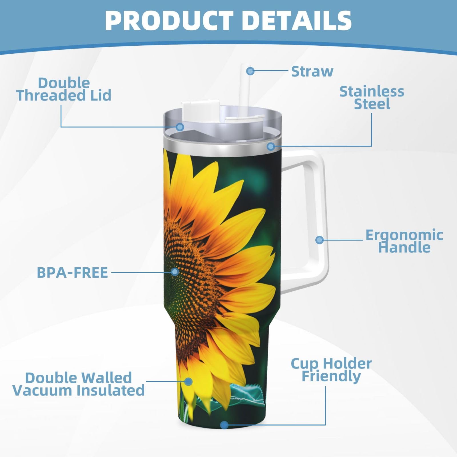 Wasserflasche mit Sonnenblumenmuster, Edelstahl, doppelwandig, isoliert, mit Griff und Strohhalm-Deckel, 1,2 l