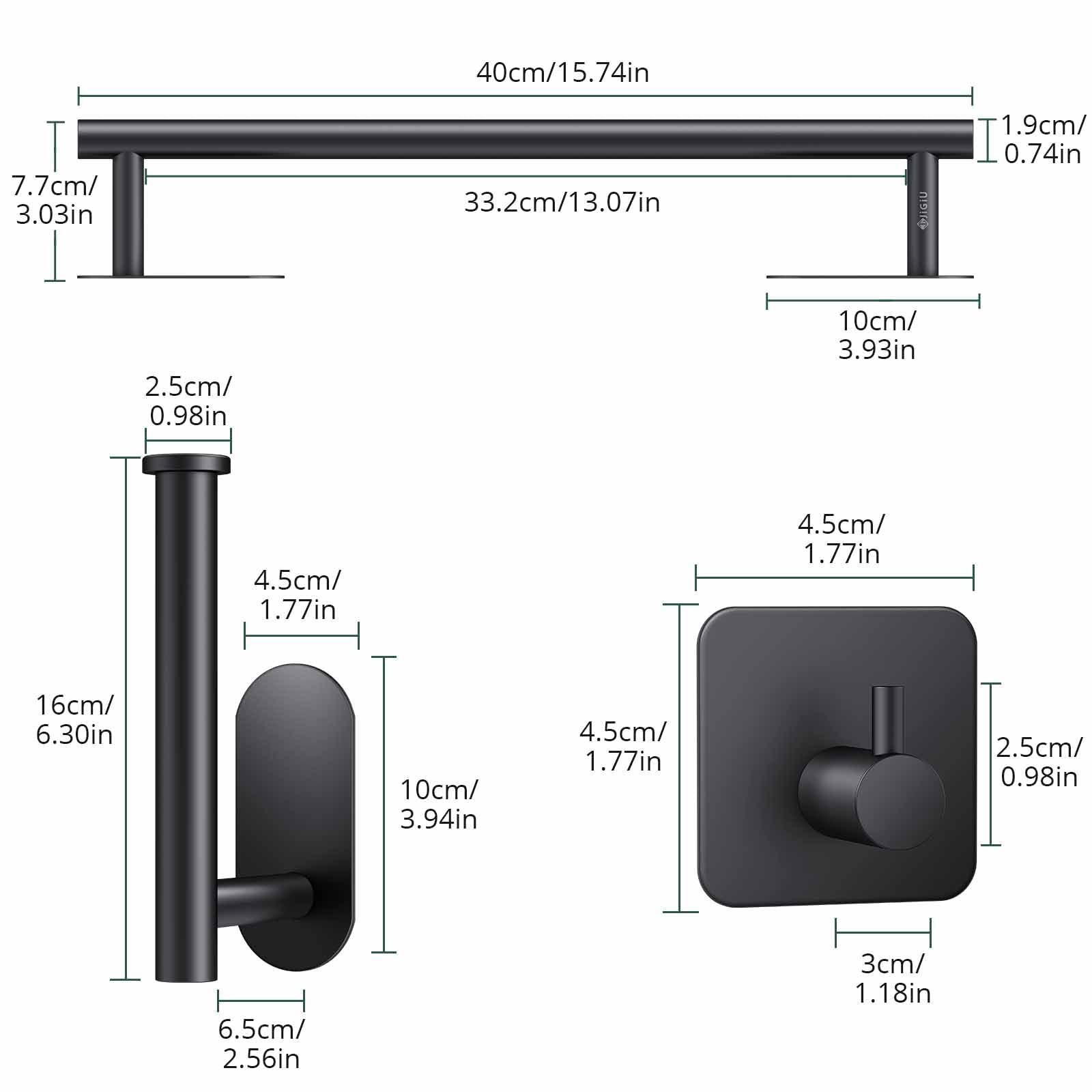 JiGiU Toalleros Adhesivos 40cm, 5 Piezas Juegos de Accesorios de Baño, Toalleros Baño Extensible Sin Taladro Acero Inoxidable 304 para Baño Color Negro