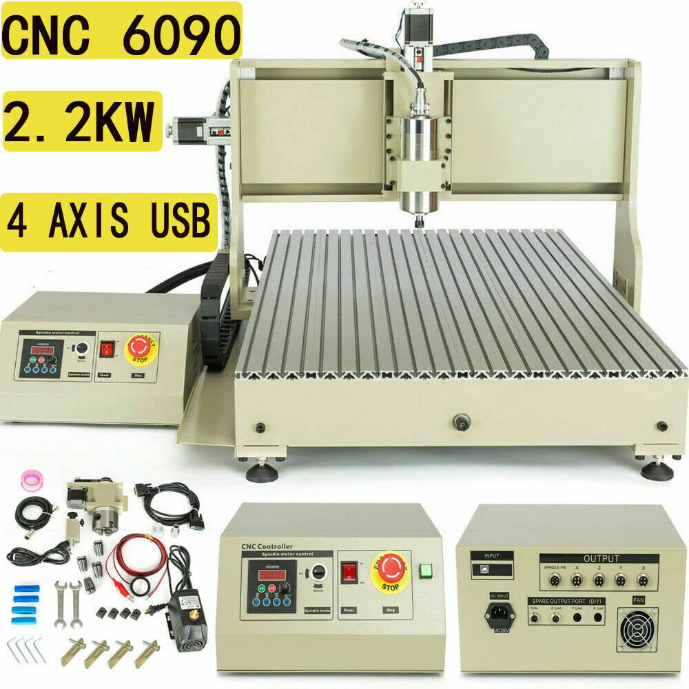 4 Axis Router Engraver USB CNC 6090, 2.2KW Engraver Milling Drilling Machine 3D Spindle Carving Drilling Machine For Wood Working Cutting Mill W/Remote Controller