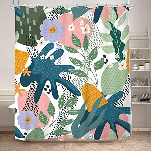 KOMLLEX Abstract Leavs Shower Curtain for Bathroom Decor 60Wx72H Inches Aesthetic Tropical Boho Floral Colorful Flower Plant Modern Cute Pink Green Fabric Waterproof Polyester 12 Pack Hooks