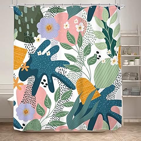 KOMLLEX Abstract Leavs Shower Curtain for Bathroom Decor 60Wx72H Inches Aesthetic Tropical Boho Floral Colorful Flower Plant Modern Cute Pink Green Fabric Waterproof Polyester 12 Pack Hooks Cover
