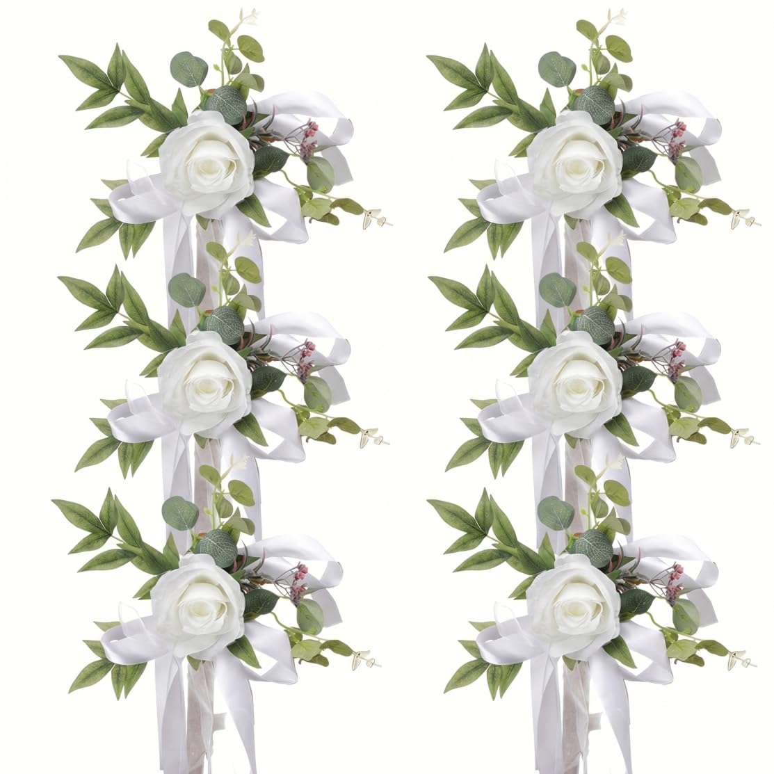 Neptuiby Wedding Aisle Decorations, 10×18 Inch Artificial Wedding Flowers Church Pew Decorations Chair Back Floral Arrangements with Greenery & Ribbons, White.