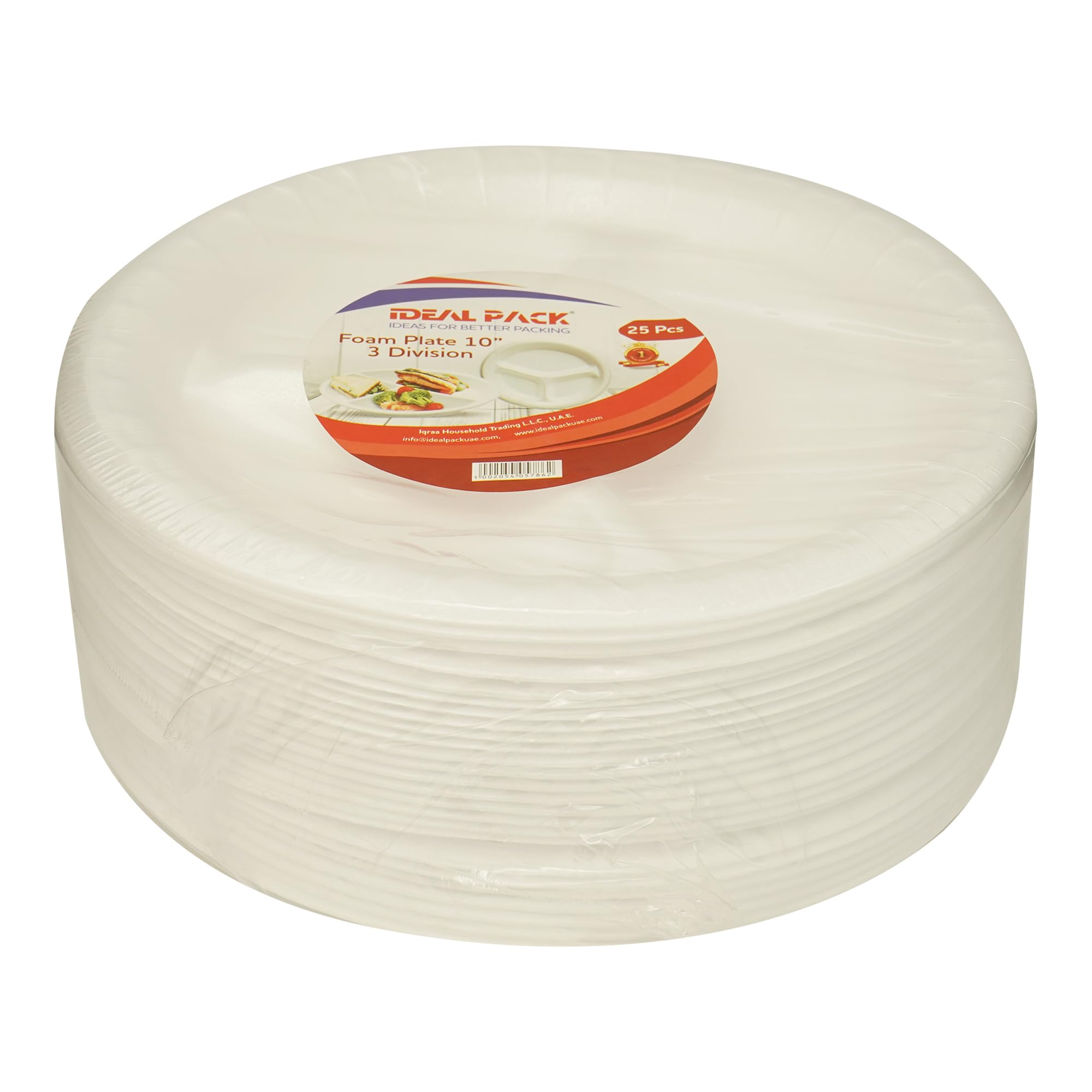 Ideal Pack 3 Division Foam Plate, 10inch, Pack of 25pcs, White