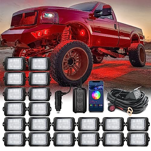 MICTUNING C3 RGBW Rock Lights 20 Pods Kit, Extensible Up to 32 Pods, MagicLink Phone APP & Wireless Control Box, 160° Wide Angle, IP68 Waterproof Multi-Color Neon Underglow Lights