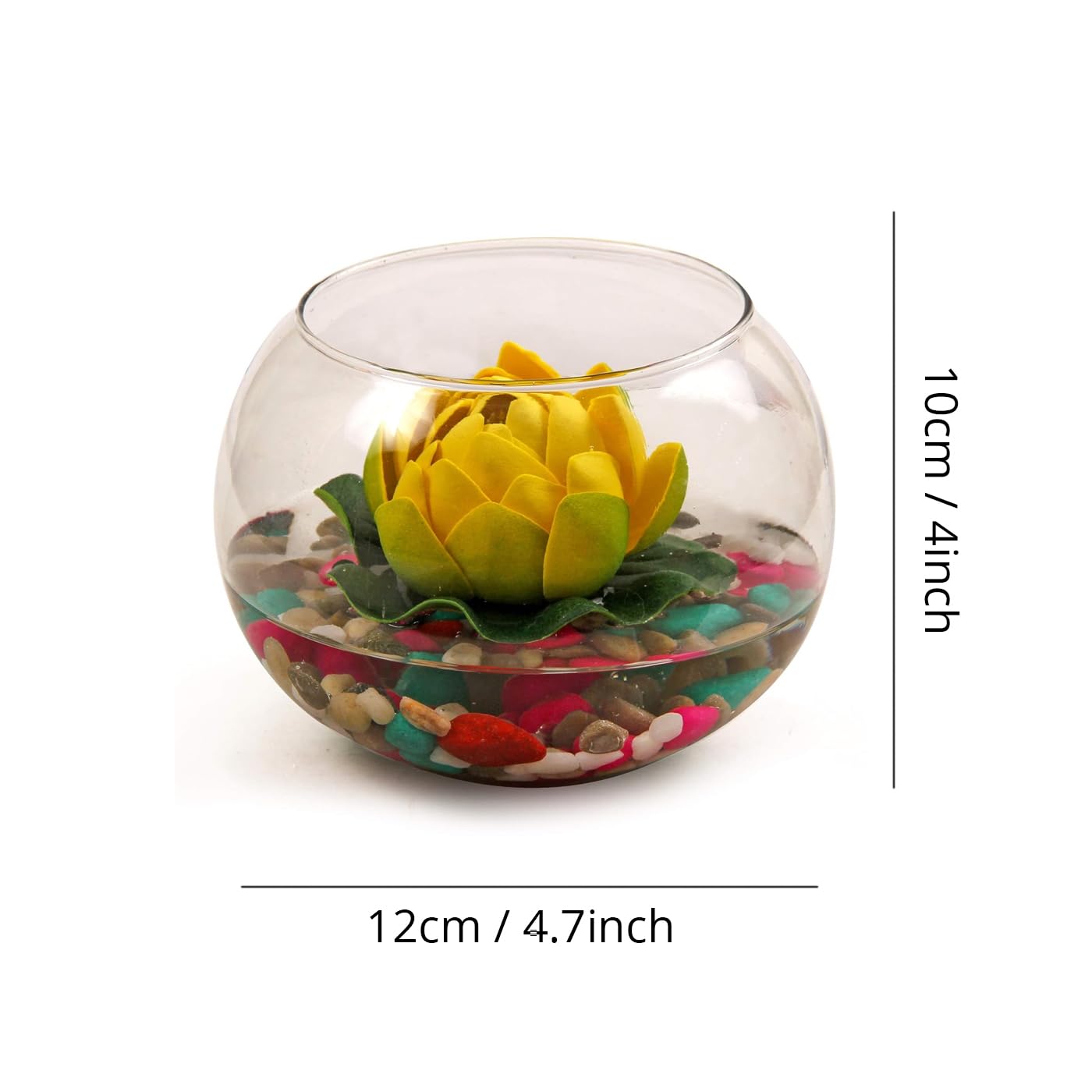 Tied Ribbons Decorative Round Glass Vase with Artificial Lotus Flower and Natural Stones for Home Decor Living Room Bedroom Office Hall Pooja Room Gift Item 3