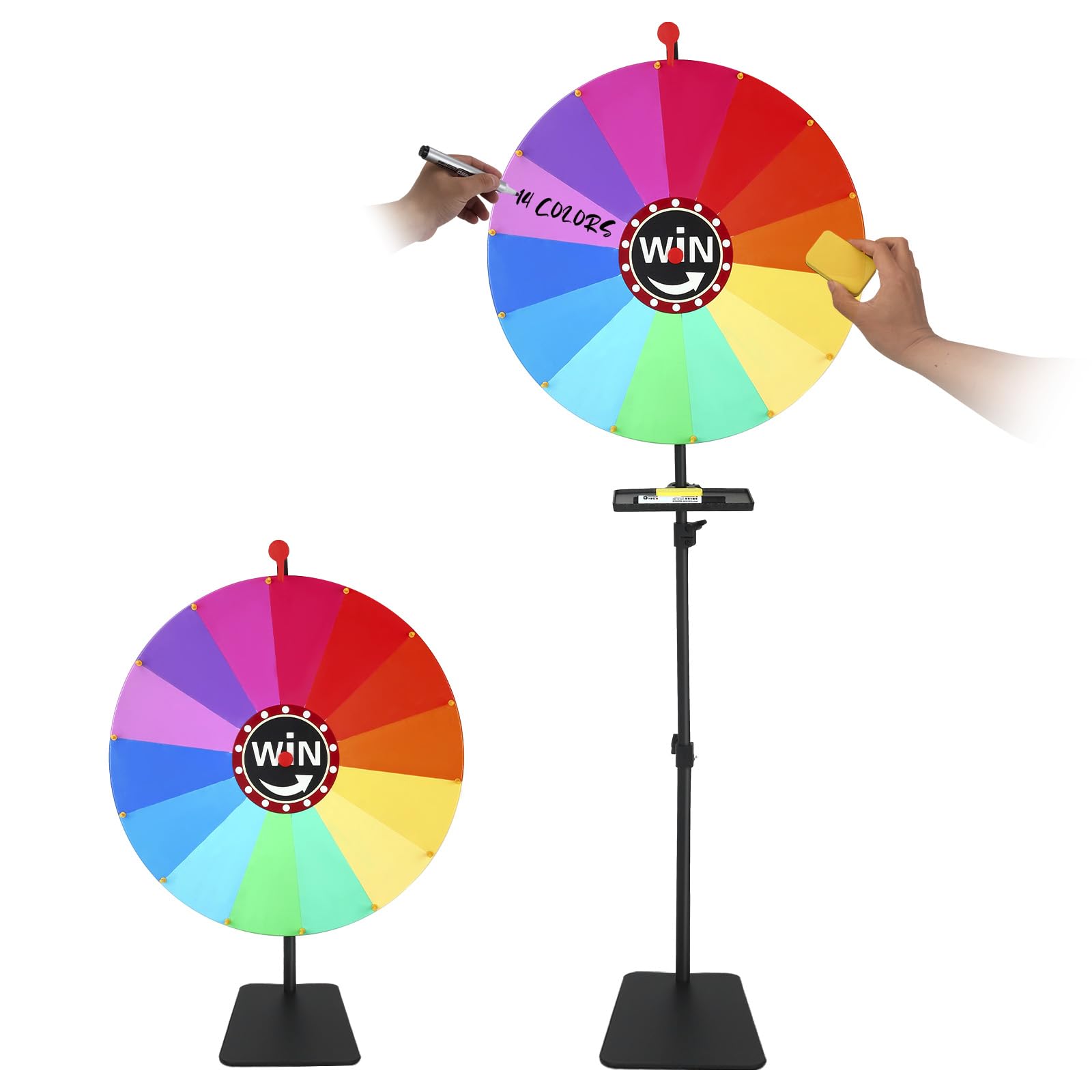 Rueda de la Fortuna 60 cm/24", 14 Rejillas, Altura Ajustable 85-160 cm, con Bandeja, Pluma y Borrador para sorteos, Juegos de Palabras