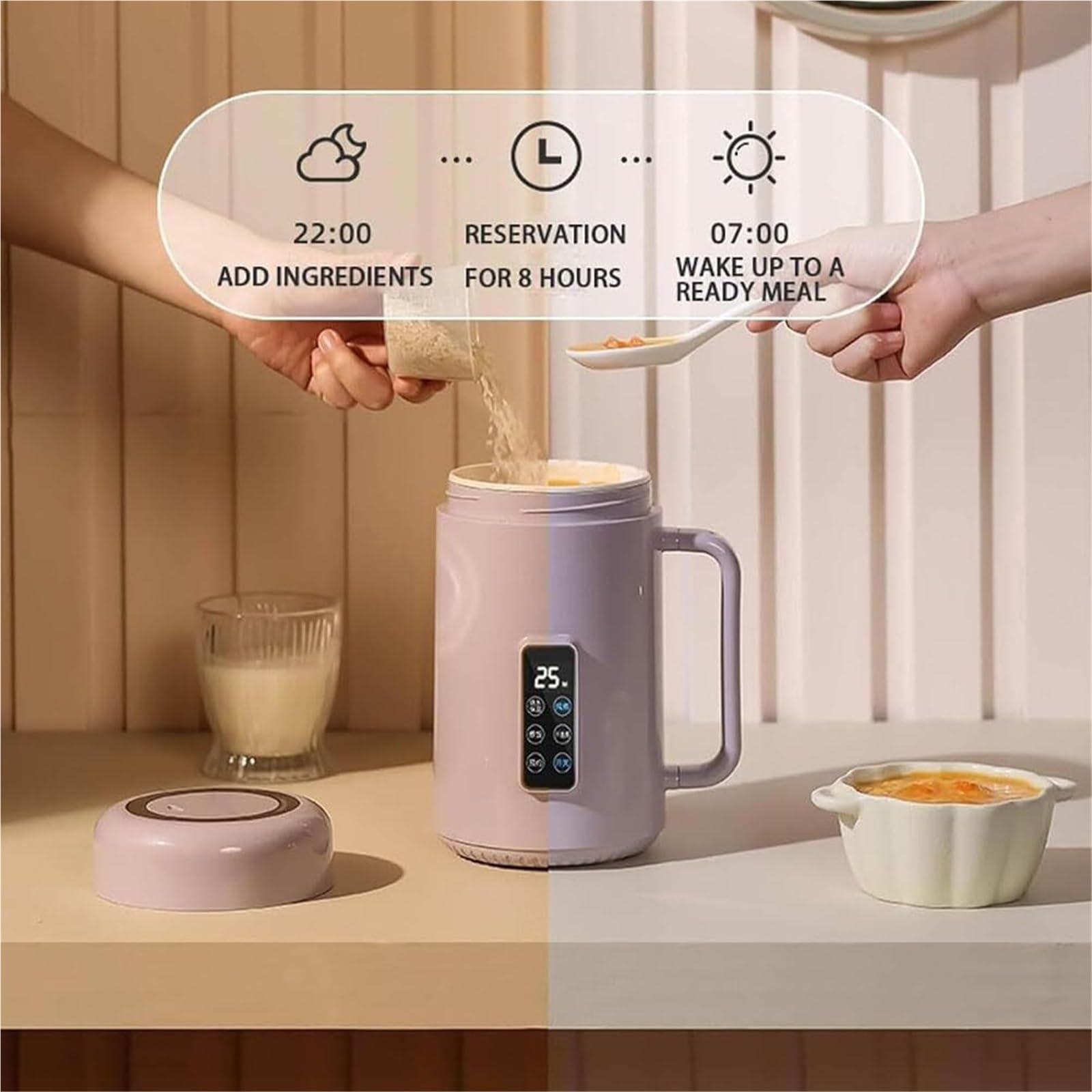 Hervidor eléctrico portátil inteligente de 1000ml, cocina de Ramen de cerámica con temporizador de 12H, caldera de agua de calentamiento rápido de 500W for viajes y Camping(Purple)