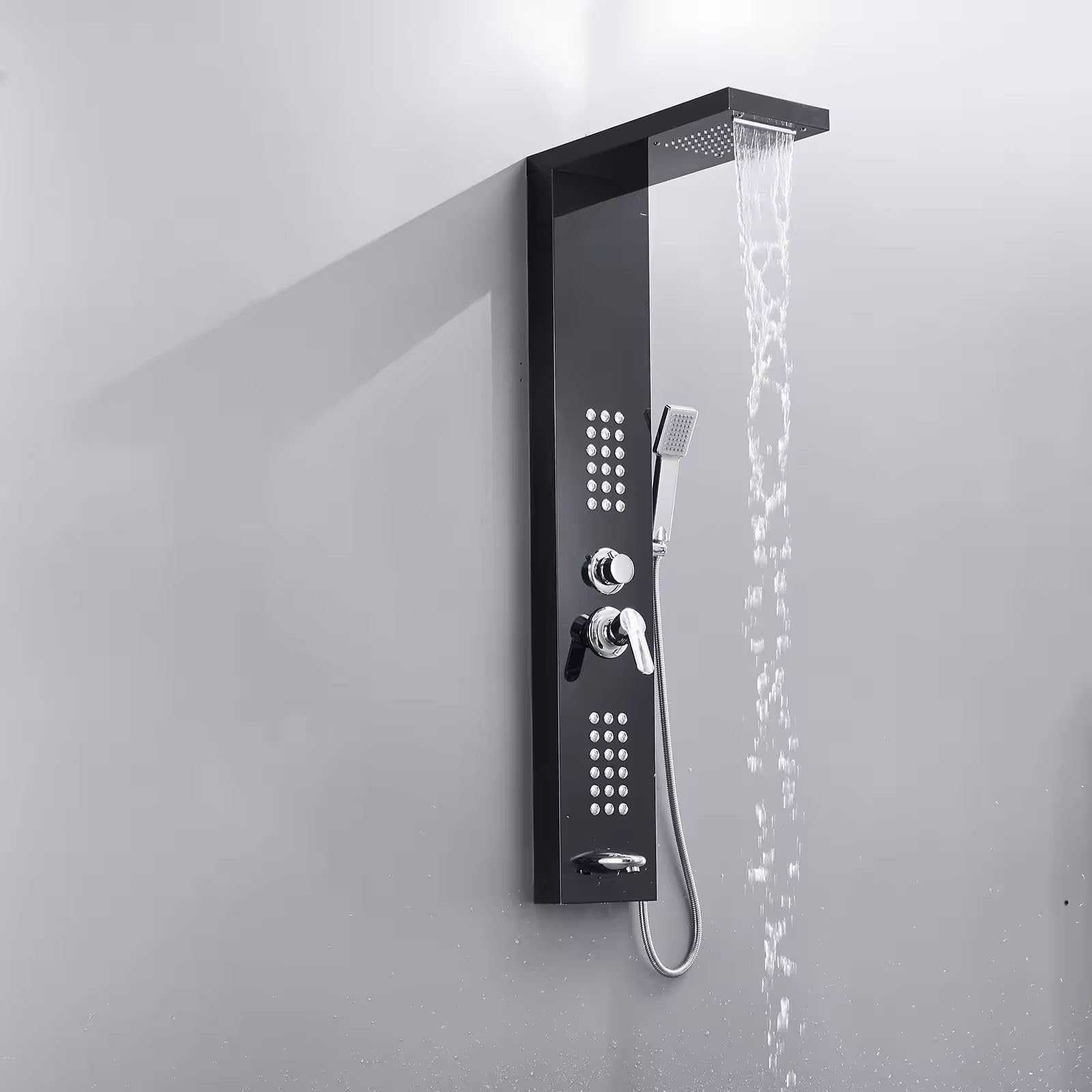 Luxurious German Shower Panel Rainfall Shower, Body Massage Spray Handheld Shower,Wall Mount Easy Connect Shower system Kit, Luxury Shower Panel 5 in One Tower System (black)